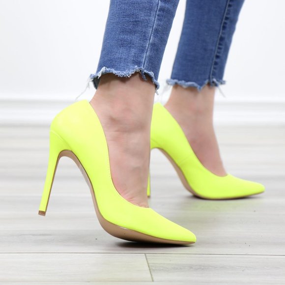 Neon Yellow Faux Leather Pointy Toe High Heels - Picture 5 of 14